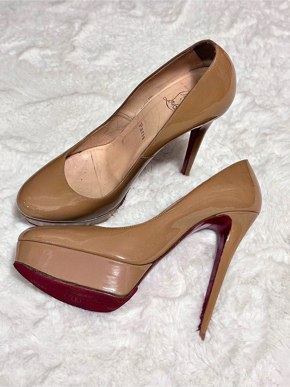 Christian Louboutin Simple Pump 120 Patent Heels Tan & Red EU 40.5
